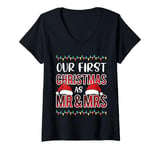 Womens Our First Christmas as Mr and Mrs Cute Matching Couple Plaid V-Neck T-Shirt