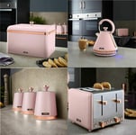 New Set of Blush & Rose Gold 1.7L Kettle 3KW, 1800W 4 Slice Toaster, Bread Bin & 3 Canister