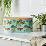 Metal Bread Bin with Bamboo Lid Tropics Green and Yellow