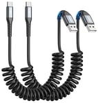 Cable USB C Spiralé, 3A Cable USB C Charge Rapide, [2pièces 0.5M-1.5M] Cable USB vers USB C pour Android Auto, iPhone 16/15 Plus Pro, Galaxy S24 S23, Huawei, Sony, MacBook.[V264]