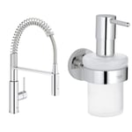 GROHE Get - Kitchen Sink Tap Single-Lever Mixer with Professional Spray & Essentials Holder with Soap Dispenser Set – (Material: Frosted Glass & Metal, Filling Quantity 160ml