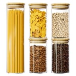 TUSEASY Bocaux en Verre Hermétique Rangement Cuisine Lot de 5, 1150ml/520ml Pot Conservation en Verre Borosilicate avec Couvercle en Bambou, Bocal pour la Conservation des Spaghettis Pâtes Céréales