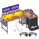 ODK Bureau d'angle Réversible, Bureau Gaming LED, Bureau en L avec 2 Prise de Charge USB et 2 Prise de Courant, Bureau Informatique avec 4 Tiroirs, Bureau Gamer pour Domicile, Marron, 140x80x84.7cm