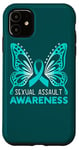 Coque pour iPhone 11 Ruban bleu-vert, papillon, Sexual Assault Awareness