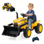 GOPLUS 12V Tracteur Électrique Enfant, Voiture Electrique Enfant avec Bras et Godet Flexibles& Télécommande 2,4G, Musique & Roues Antidérapantes, Cadeau Enfants 3-8 Ans