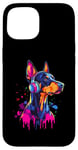 Coque pour iPhone 15 Doberman Lover Pop Art portant des écouteurs drôles Doberman