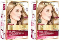 L’ORÉAL PARIS - Coloration Cheveux Permanente Triple Soin - Couvre 100% des Cheveux Blancs - Excellence Crème - Nuance : Blond Clair Cendré (8.10) (Lot de 2)