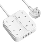 Extension Lead with USB Slots,JSVER 13A 4 Way Surge Protection Multi Plug Power Strip with USB- C and 3 USB Ports Extension Cable with 1.8M Cord Power Socket for Home, Office-White