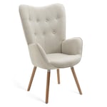 MEUBLE COSY Fauteuil Salon Scandinave Confortable Chaise de Coiffeuse Canapé de Loisirs pour Chambre Salle à Manger Bureau avec Assise Épais Accoudoirs Rembourés en Tissu Pieds Bois Massif, Beige