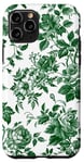 Coque pour iPhone 11 Pro Chinoiserie Toile Vert Motif Roses Feuilles Jardin