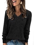 Aokosor V Neck Jumpers for Women UK- Ladies Basic Lightweight Jumpers Women Long Sleeve Tops for Leggings Tunic Black Size 6-8