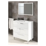 Meuble de salle de bain 3 tiroirs sur le sol 80 cm Blanc Brillant avec miroir Blanc brillant - Avec double colonne et lampe led