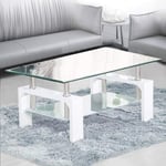 Table Basse rectangulaire en Verre Transparent Moderne avec étagère inférieure chromée et Support en mdf pour Salon, Salle de réception Blanc