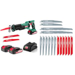 Scie Sabre sans fil 18V HYCHIKA, Vitesses Réglables 0-2800SPM, 2 Lames, Chargeur Rapide & Lames de Scie Sabre, HYCHIKA Lame de Scie 16 PCS Pour Le Métal, Le Bois et Le Bois avec Des Clous