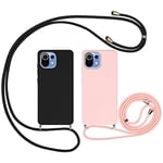 Vauki Coque pour Xiaomi 11 Lite 5G NE/Mi 11 Lite 4G/5G 6.55" avec Cordon [2 Pièce],Etui Silicone Souple Antichoc avec Collier Bandoulière Chaîne Lanière,Anti-Rayures Housse Case,Noir et Rose