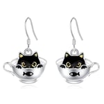 EUDORA Harmony Ball Boucles D'oreilles Créoles en Argent Sterling 925 avec Chat noir pour Femme, Boucles D'oreilles en Forme de Chat Mignon pour Fille, Boucles D'oreilles Chaton Bijoux Cadeau