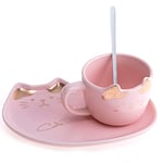 lachineuse - Tasse Chat - Design Kawaii - Support Chat et Cuillère - Rose et Doré - Porte-Bonheur du Japon - Culture Nipponne - Décoration Japonaise - Idée Cadeau Japon Asie