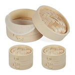 Relaxdays cuiseur vapeur bambou lot de 3, trois paniers asiatiques, 1-3 étages, riz, bamboo steamer Ø 13,5 cm, nature