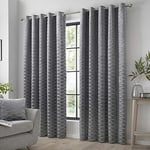 Curtina - Luxury Dark Silver Curtains W90 x L72 (229 x 183cm) - Grey Geometric Curtains - Eyelet Curtains in Charcoal - Jacquard Curtains & Drapes for Bedroom/Living Room - Dark Grey Leaf Curtains