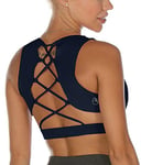 icyzone Strappy Sports Bra for Women - Gym Workout Yoga Bra with Removable Cups (M, Navy)