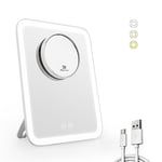 EMKE Miroir cosmétique avec éclairage, 3 Couleurs de lumière et Miroir grossissant 1/3x, avec lumière rotative à 180°, Rechargeable par USB, Miroir de Maquillage avec grossissement (Blanc)