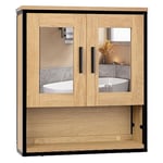 EUGAD Meuble, Armoire de Salle de Bain avec Miroir, Armoire Murale, Meuble WC Suspendu, Tablette Réglable, 2 Portes avec Poignée, 3 Niveaux, Chêne Clair+Noir