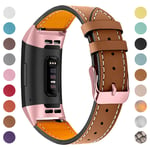 Ameton Color Metal Buckle Leather Strap Band Compatible for Fitbit Charge 3, Adjustable Replacement Sport Straps Fitness Wristband Women Men (Pink Buckle-Beige Strap, 5.5”-8.1”)