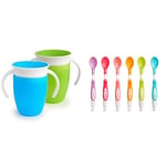 Munchkin Tasse d’Apprentissage Miracle 360, Tasse Enfant sans BPA avec Poignées - 207ml, Lot de 2,Bleu/Vert & Cuillères Bébé 1er Âge Soft Tip, Lot de Cuillères d’Apprentissage avec Manches - Pack de 6