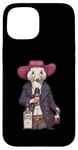 Coque pour iPhone 15 Opossum américain dans un chapeau de cowboy buvant une bouteille de whisky