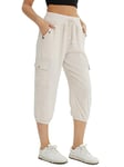 fuinloth Pantacourt Femme été Cargo Randonnée Chic Cordon Pantalon 3/4 avec Quatre Poches Beige M 38-40