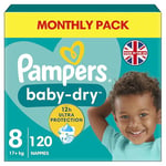 Pampers Baby-Dry Size 8, 120 Nappies, 17kg+, Monthly Pack, Up to a 100% Leak-Free Night