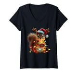 Womens Funny Christmas Squirrel Lights Reindeer Antlers Christmas V-Neck T-Shirt