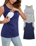 Sosolism 3 Pack Nursing Tank Top Women Maternity Pajama Tops for Breastfeeding, Blue/Striped/Grey, XL