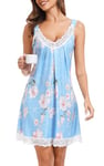 Lovasy Nuisette Sexy Femme en Dentelle Court Chemise de Nuit Babydoll Coton Grande Taille Bretelles Large Robe de Nuit Col en V sans Manches Bleu-Fleurs XL