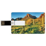 64G USB Flash Drives Credit Card Shape Saguaro Cactus Decor Memory Stick Bank Card Style Picacho Peak at Sunrise Surrounded by Barren Area Hostile Living Contidions Theme,Green Blue Waterproof Pen Thu