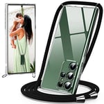 Oududianzi-Coque pour Samsung Galaxy S23 Ultra 5G avec Cordon, [Coque Transparente] Housse Étui Téléphone Couvrir Lanière Pratique Cordon, Silicone TPU Bumper Cercle Lanyard Tour de Cou Chaîne-Noir