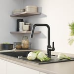 GROHE Kitchen Set of Start QuickFix Pull-Out Tap & K400 Sink – (Granite Black Quartz Composite Kitchen Sink with Drainer 1000x500mm, Matt Black High U-Spout Kitchen Tap 362 mm with 3/8 Inch Tails)