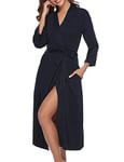 iClosam Robe de Chambre Kimono en Coton pour Femmes en Tricot pour Femmes, col en V, Peignoir de Nuit pour Toutes Les Saisons ,Bleu Marine,XXL