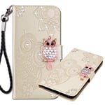 MRSTER Coque Samsung A02s, Étui en Cuir Coque avec Dragonne Brillant Flip Portefeuille Housse Motif Hibou Glitter Bling Diamant Coque pour Samsung Galaxy A02s. Owl Gold