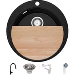 Evier cuisine Granit Rond Noir 53x53cm, Evier 1 bac + Kit de Vidage + Robinet + planche à découper, Lavabo Cuisineau meuble 50cm - Pise Max Top de