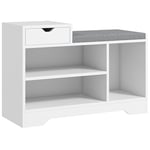 HOMCOM Banc à Chaussures, Banc de Rangement, 1 tiroir et 3 Compartiments, Meuble d'entrée avec Coussin rembourrée, pour Couloir, entrée, Chambre, 76,5 x 30 x 52 cm, Blanc