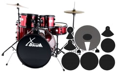 Kit Batterie Acoustique 22'' Fusion Ensemble Tabouret Sourdine Cymbales Rouge