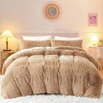 Tospass Hiver Housse de Couette Flanelle 200x200 2 Personnes Adulte Polaire Peluche Chaude Duveteuse Kaki Beige Parure de Lit Réversible Velours avec Fermeture Éclair avec 2 Taies d'oreiller 65x65 cm