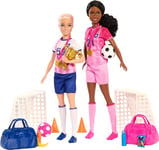 Barbie Careers Dolls & 15 Accessories, Soccer Player Playset with Barbie “Brooklyn” & Blonde Petite Player Dolls, 2 Nets, 2 Balls & More, HRG88