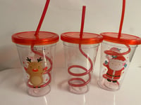 Cups Christmas Plastic Mason Jars With Lid And SPIRAL Straw - Set of 3