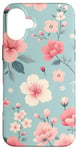 iPhone 16 Plus Pastel Pink White Flowers Light Blue Background Pattern Case