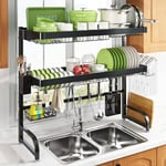 MAJALiS Over The Sink Dish Drying Rack, Large 3 Tier 304 Stainless Steel Dish Drainer Rack Organizer for Kitchen Shelf, Expandable Above Sink Dish Rack with 10 Hooks (Black - 25.5"-35.5")