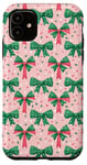 iPhone 11 Green Bows On Pink Preppy Christmas Festive Pattern Case