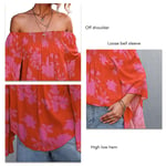 (Rose Red S)Women Off Shoulder Tops Summer High Low Hem Loose Bell Sleeve HOT