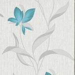 Flower Wallpaper Floral Textured Glitter White Teal Silver Vinyl Erismann